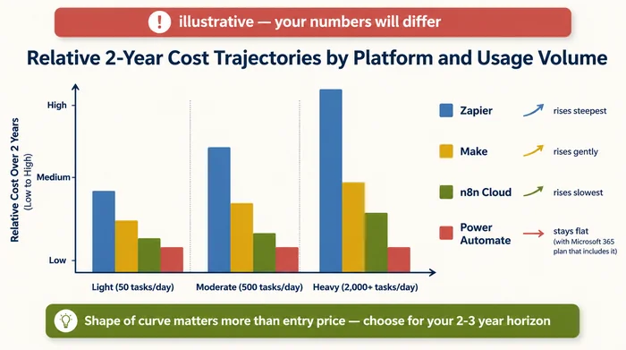 Bar chart positioning Zapier, Make, Power Automate, and n8n by relative cost trajectory across light, moderate, and heavy automation usage. Zapier rises steepest as task volume grows; Make rises more gently because it charges per operation; n8n cloud and self-hosted rise slowest; Power Automate stays effectively flat for businesses already on Microsoft 365.