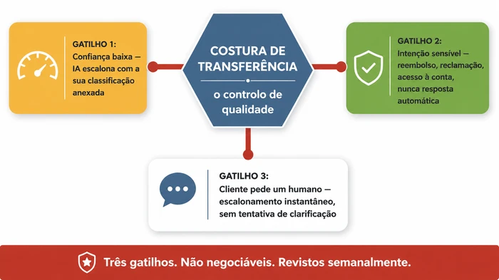 Mapa conceptual da costura de transferência no serviço ao cliente com IA, com três gatilhos de escalonamento a irradiar de um hub central: confiança baixa da IA, intenção sensível (reembolso, reclamação, acesso à conta) e um pedido explícito do cliente para falar com um humano.