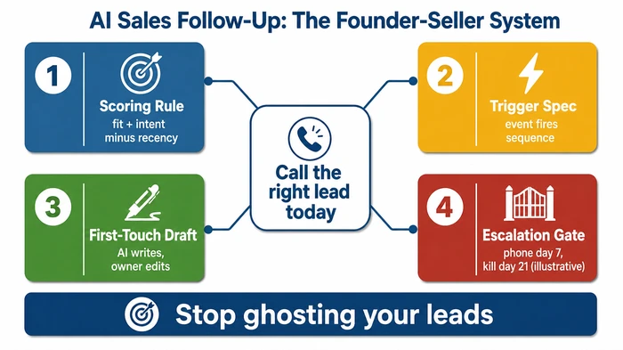 Summary infographic of the four-component AI sales follow-up system for founder-sellers: scoring rule, trigger spec, first-touch draft, and escalation gate, all feeding the central goal of calling the right lead today. Day markers shown are illustrative — your own sequence timing will differ.