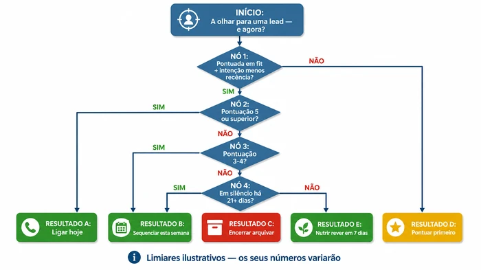 Árvore de decisão para priorizar leads num CRM de fundador-vendedor. Começa na lead, pergunta se foi pontuada, depois encaminha pela faixa de pontuação (5+ ligar hoje, 3-4 sequenciar, abaixo de 3 nutrir ou encerrar aos 21 dias em silêncio). Os limiares de pontuação apresentados são ilustrativos — as suas próprias faixas variarão.