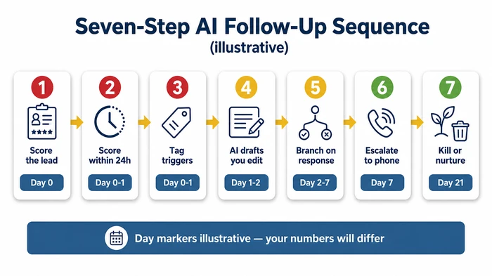 Seven-step process flow for AI sales follow-up: score the lead, score within 24 hours, tag triggers, AI drafts you edit, branch on response, escalate to phone at day 7, kill or nurture at day 21. Day markers are illustrative — your own sequence will differ.