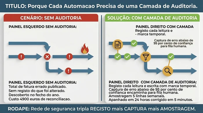 Comparacao antes e depois que mostra uma automacao sem camada de auditoria a produzir um total de factura errado descoberto apenas no fecho do ano (custo de reconciliacao de Euro4.900), face a mesma automacao protegida por uma rede de seguranca tripla — registo com marca temporal, captura de erro que encaminha analises de baixa confianca para uma fila humana e verificacao semanal por amostragem de cinco linhas — apanhando o mesmo erro em 24 horas.