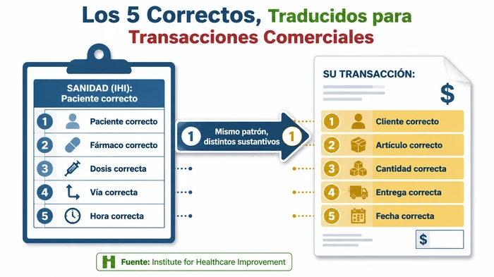 Diagrama de traducción que mapea los '5 correctos' de la administración de medicamentos del Institute for Healthcare Improvement (paciente, fármaco, dosis, vía y hora correctos) sobre los cinco campos críticos equivalentes de una transacción comercial genérica (cliente, artículo, cantidad, entrega y fecha correctos), ilustrando cómo el patrón del checklist se transfiere entre dominios.
