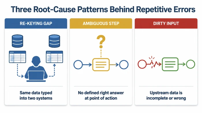 Three root-cause patterns behind repetitive business-process errors shown side by side — re-keying between systems, ambiguous steps with no defined right answer, and dirty upstream inputs — to help the reader diagnose which pattern matches their own recurring error.