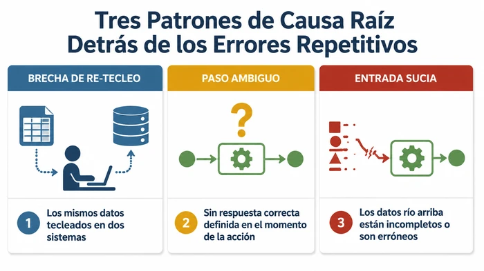Tres patrones de causa raíz detrás de los errores en procesos de negocio repetitivos mostrados en paralelo — re-tecleo entre sistemas, pasos ambiguos sin respuesta correcta definida, y entradas sucias río arriba — para ayudar al lector a diagnosticar qué patrón coincide con su propio error recurrente.